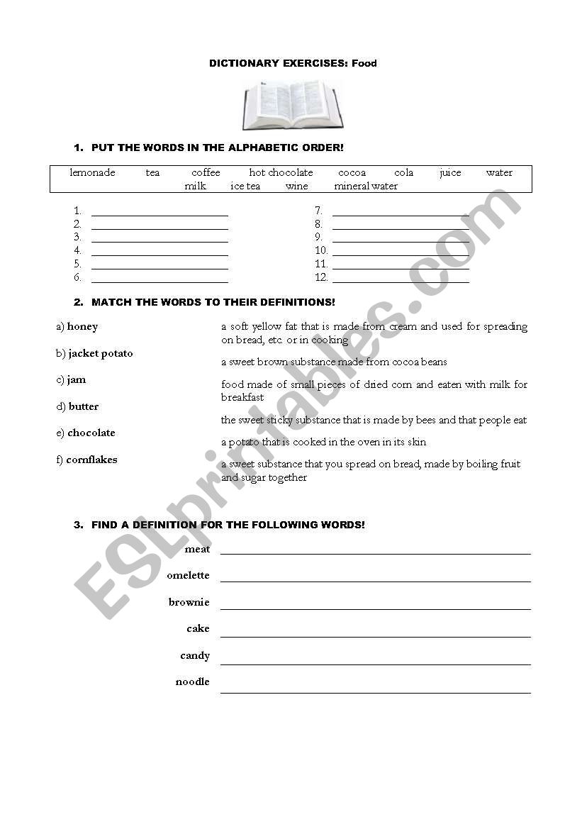 FOOD - dictionary work worksheet