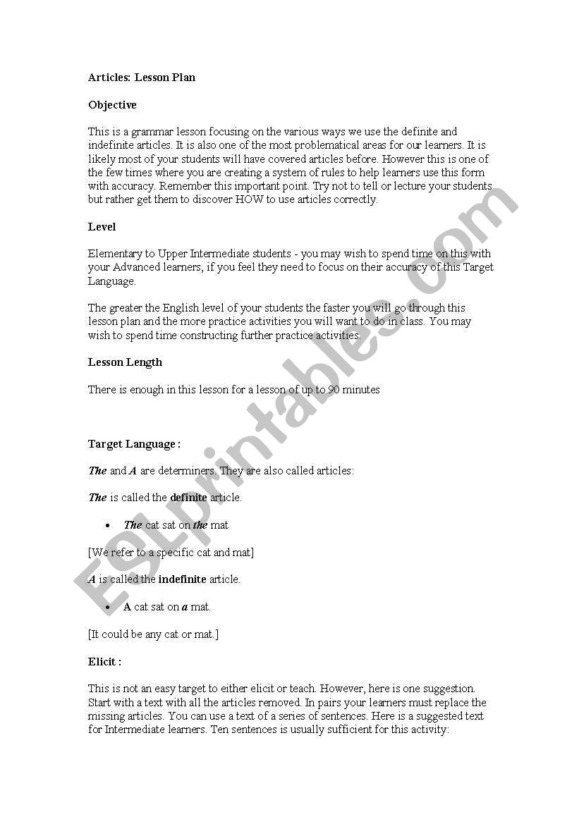 Articles worksheet