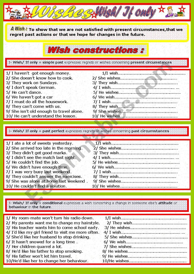 Wishes ( I wish/ If only) worksheet