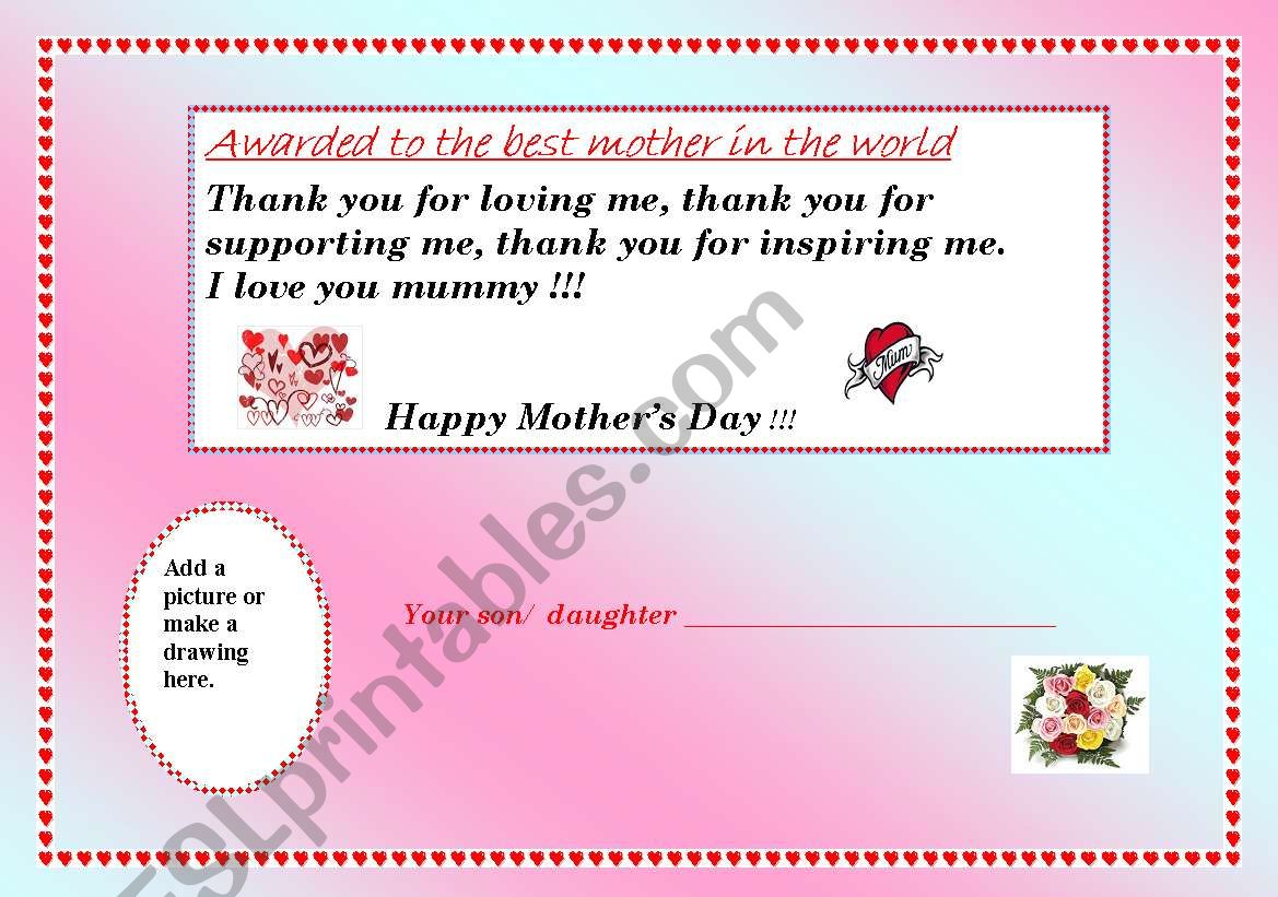 HAPPY MOTHERS DAY AWARD worksheet