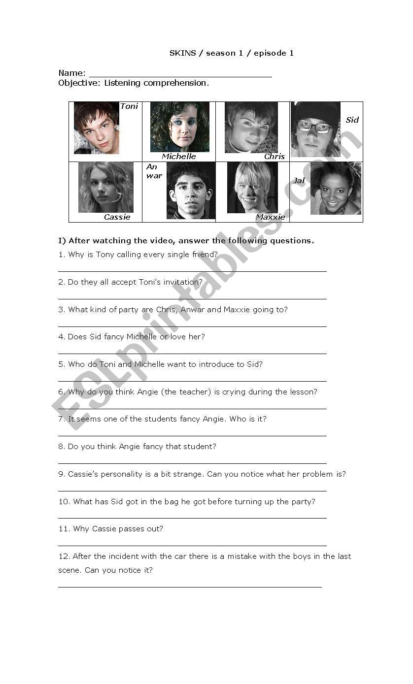 skins 1 worksheet