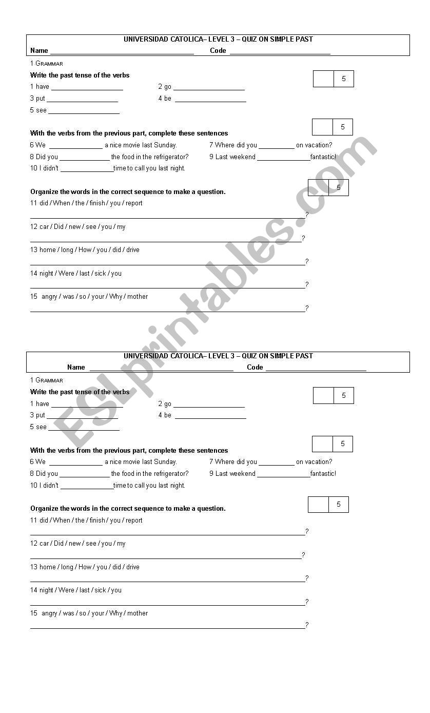 QUIZ ON SIMPLE PAST worksheet