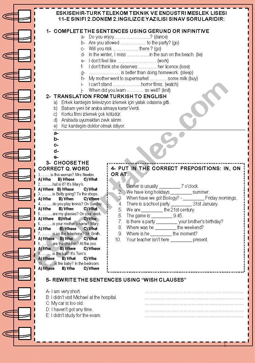 11th classes 2nd exam- worksheet