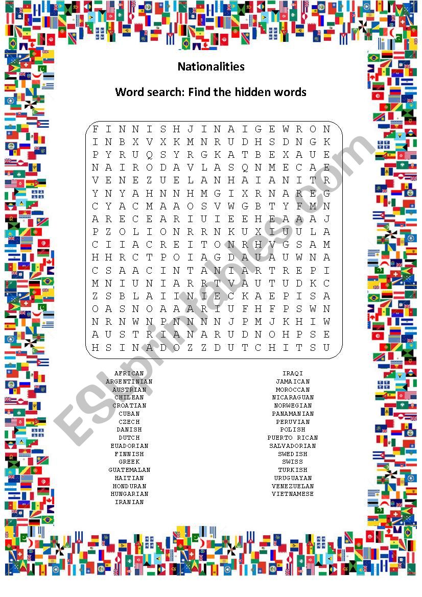 nationalities wordsearch worksheet