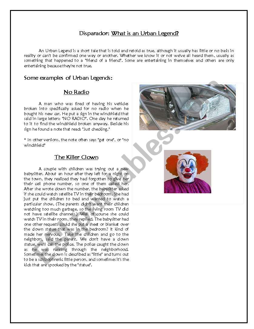 Urban legend worksheet