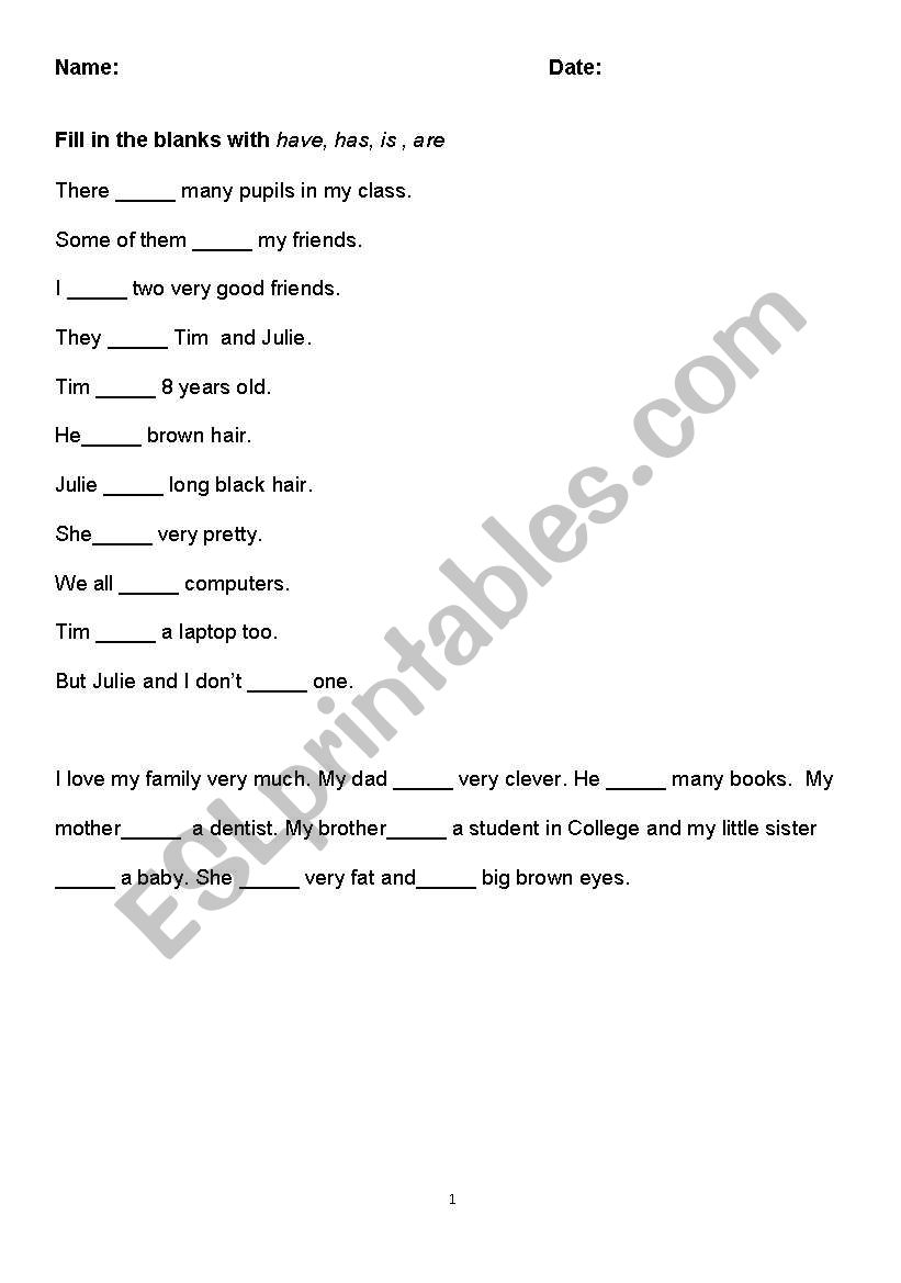 Has/Have/Is/Are worksheet