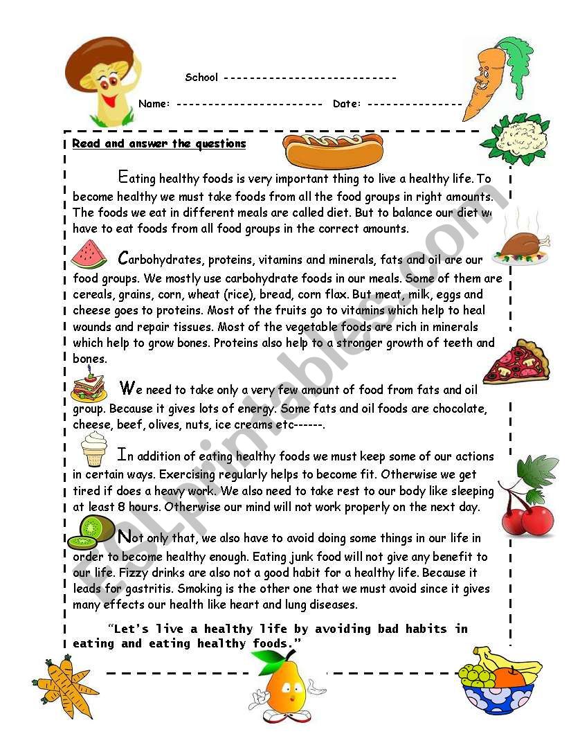 Healthy living worksheet