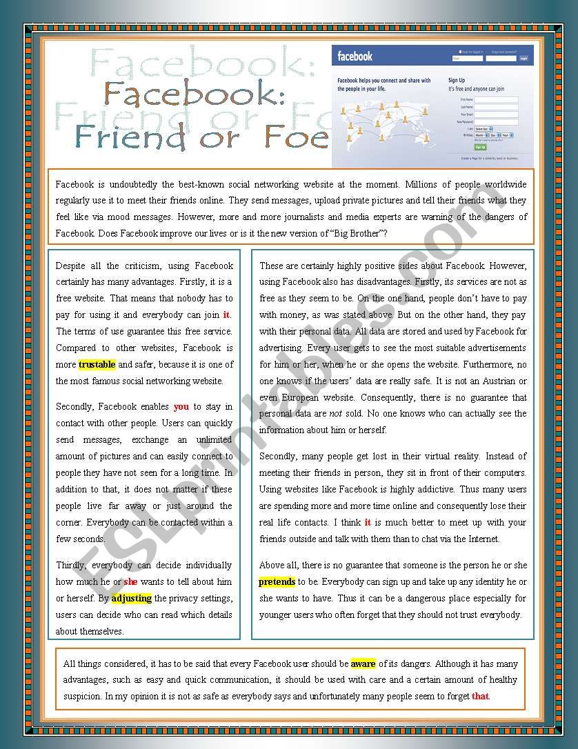 Facebook - Friend or Foe ( multiple choice exercise + Explaining text-related terms+ answering questions + vocabulary matching + word references)