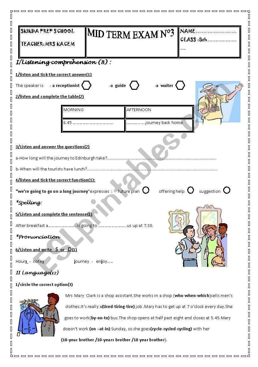 8th form mid term exam worksheet