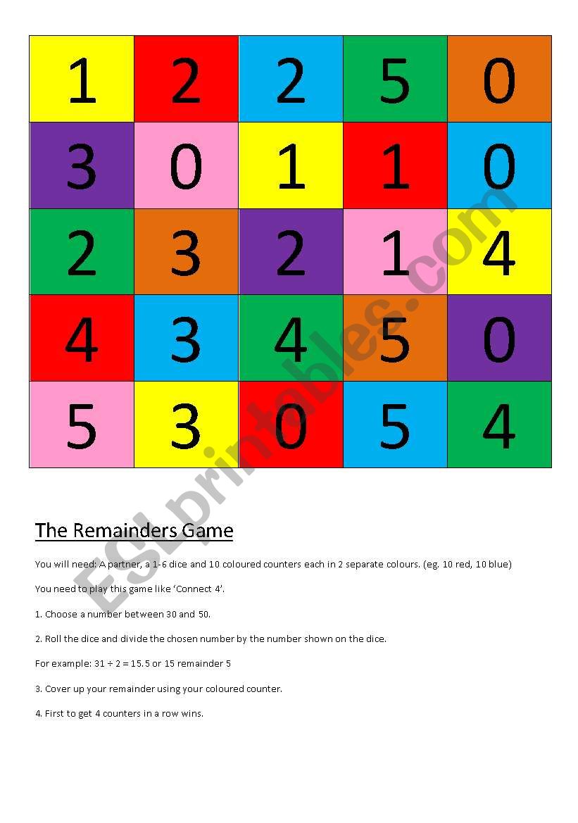 The remainders Game worksheet