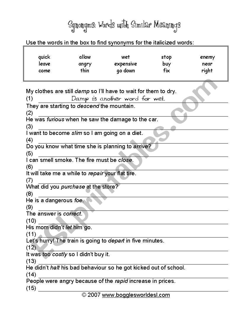 Synonyms worksheet