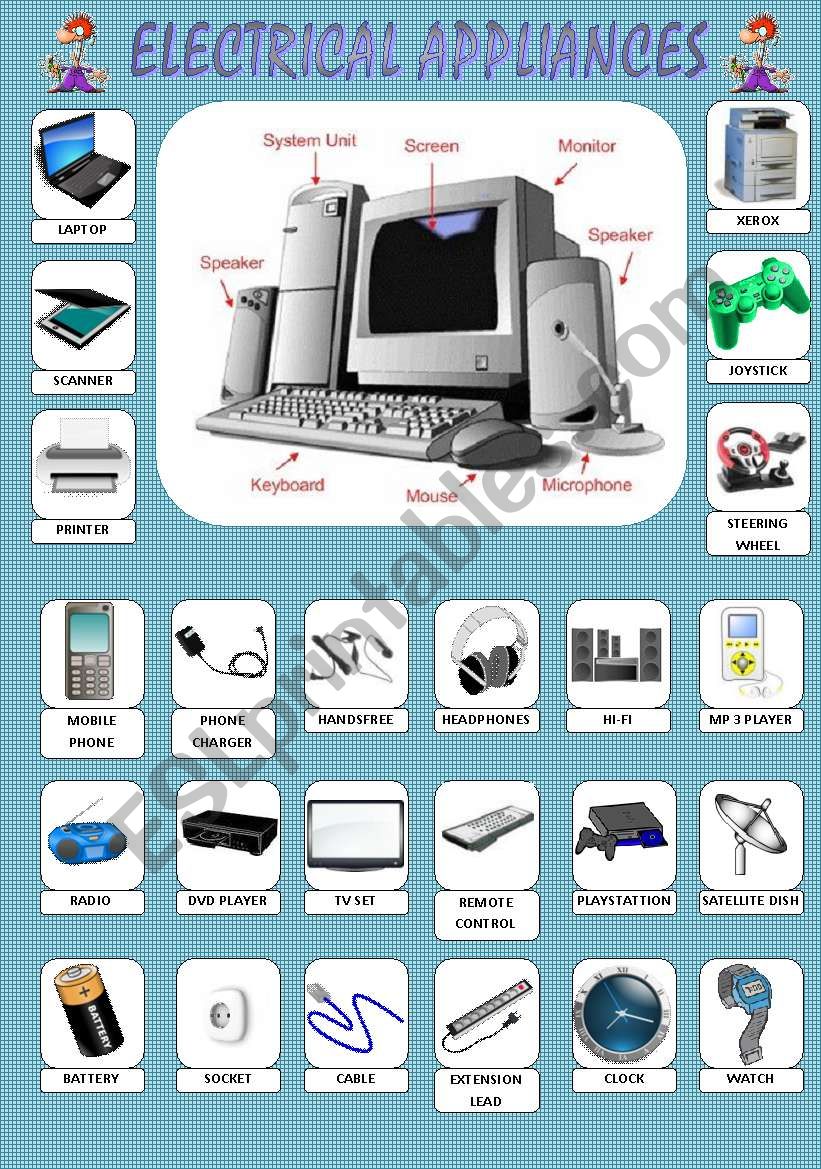 Electrical Appliances - Pictionary + 3 Exercises + Answer Key