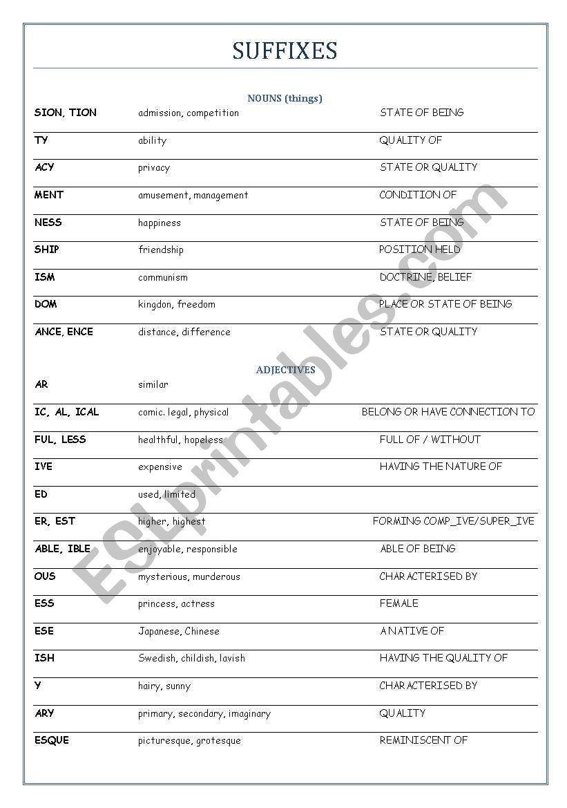 SUFFIXES  worksheet