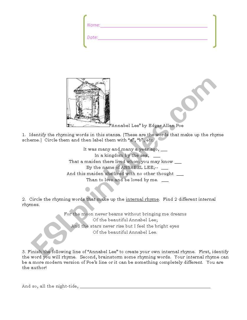 Annabel Lee worksheet