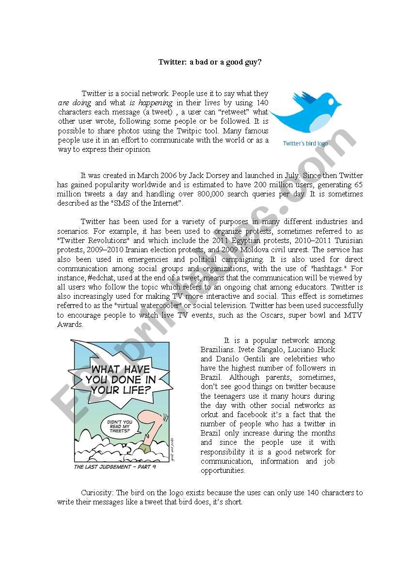 Twitter: a good or a bad guy? - ESL worksheet by natylp Twitter: a good or a bad guy? - ESL worksheet by natylp