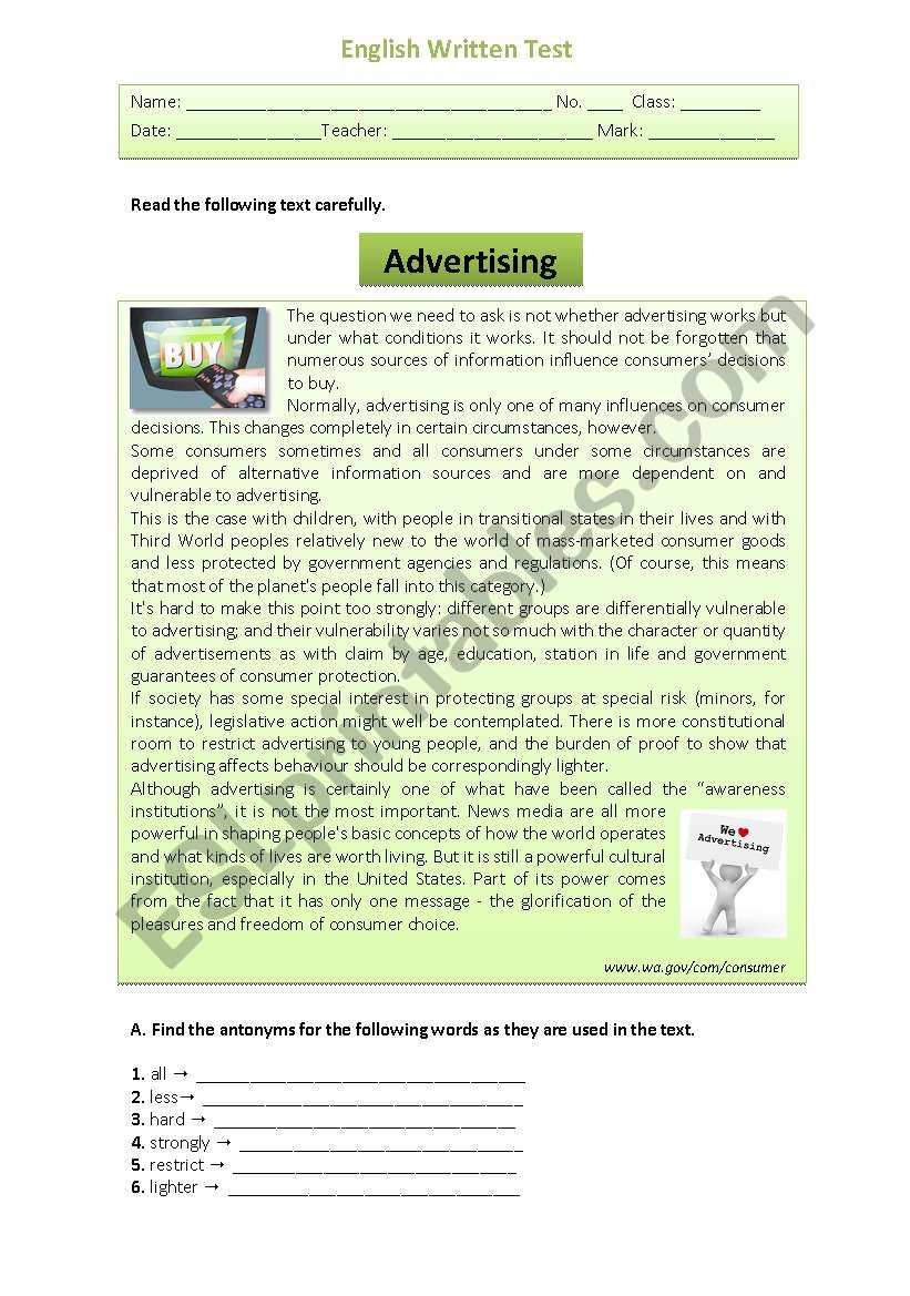 Advertising worksheet