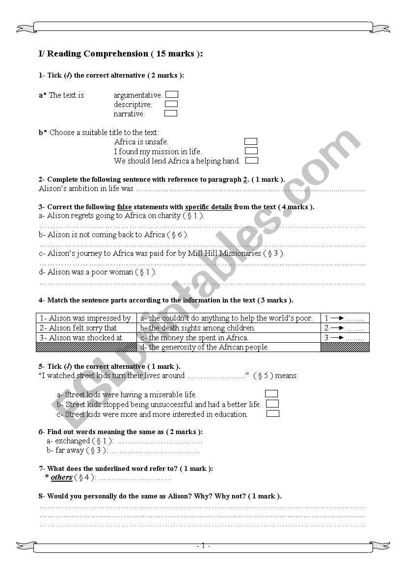 Bac Mock Exam  4th form, Tunisia.