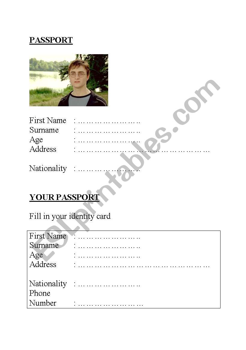 Harry Potter identity card worksheet