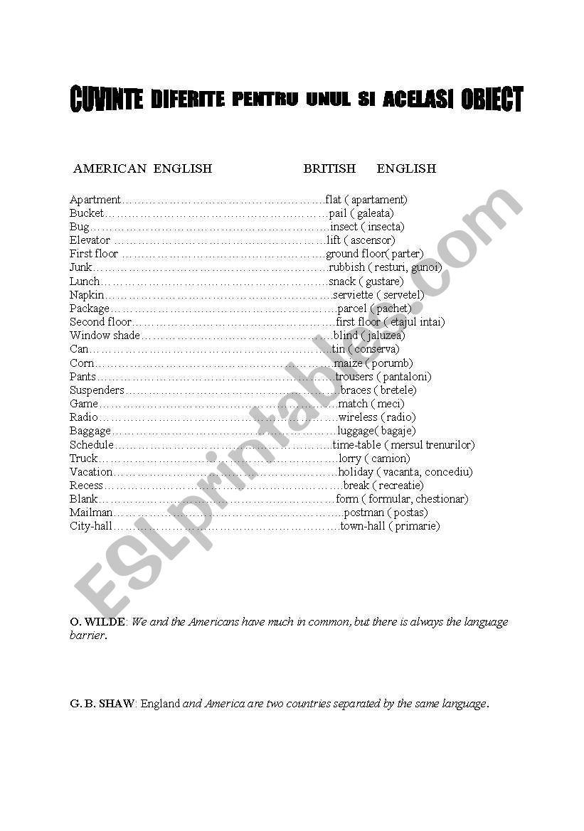 AMERICAN BRITISH DIFFERENCES worksheet