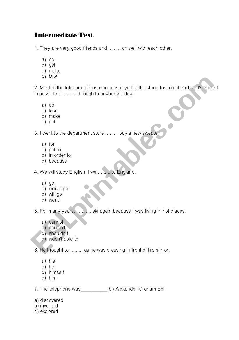 Test for Intermediate level worksheet