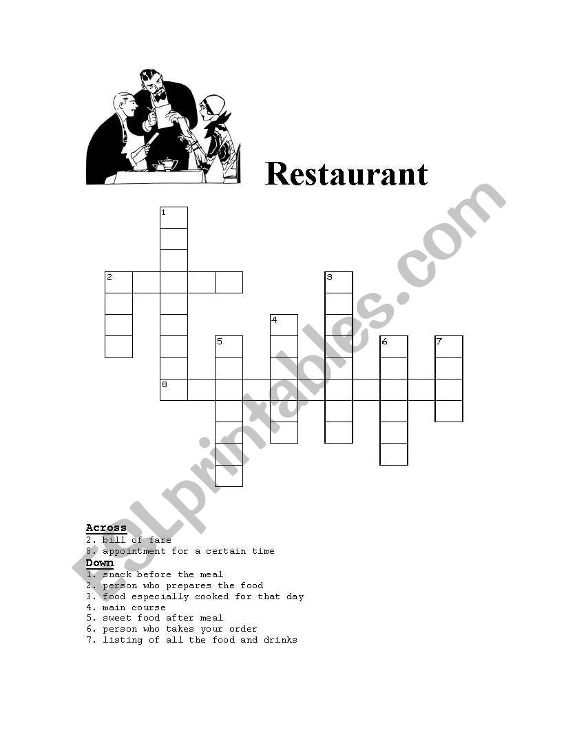 restaurant crossword worksheet
