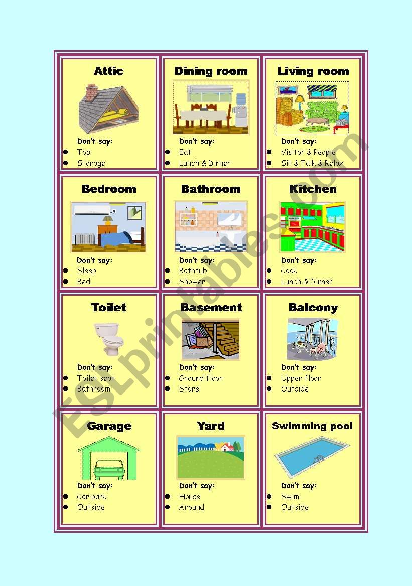 Taboo cards - Places at home worksheet