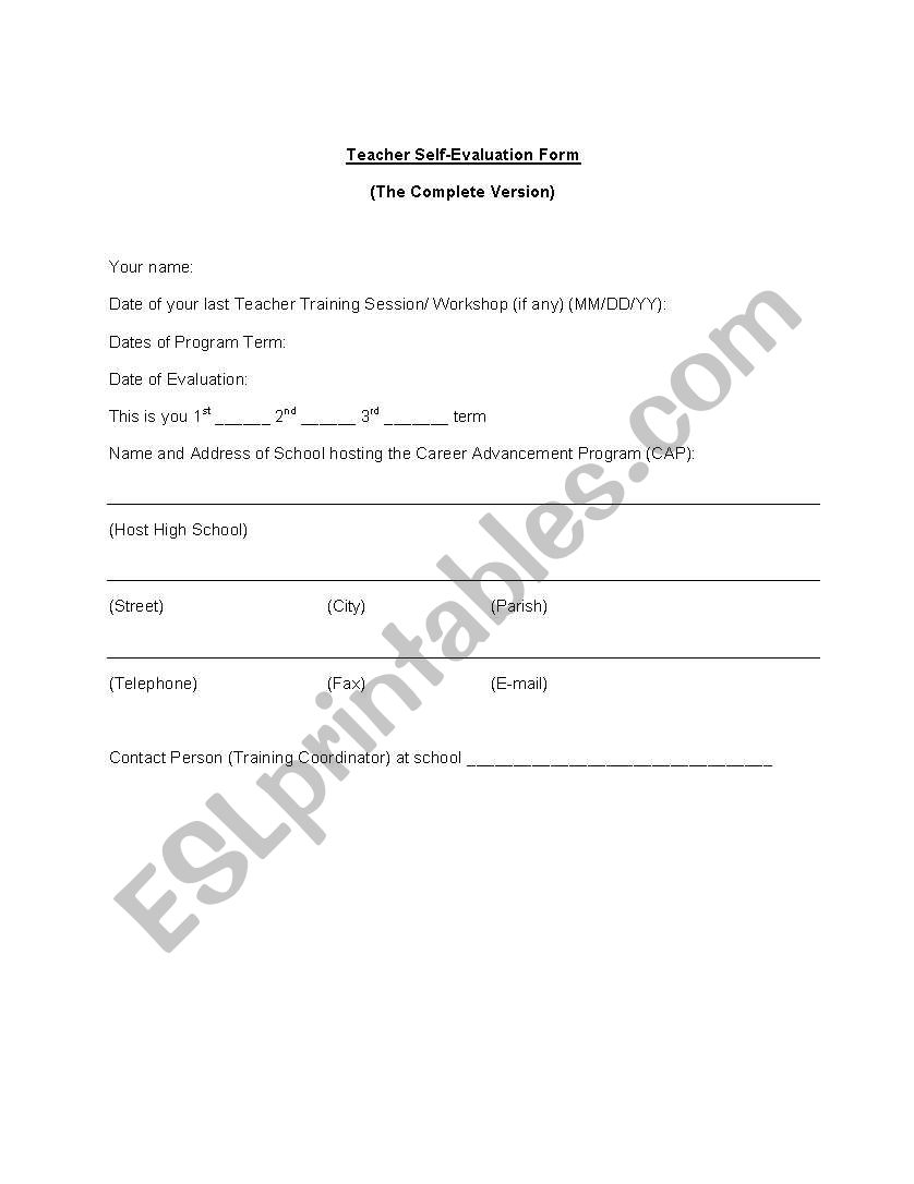 Teacher Evaluation Form worksheet