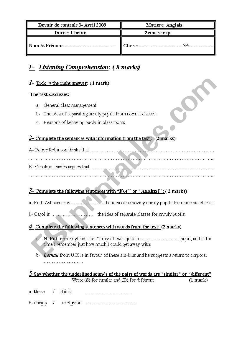 mid-term test 3 for 3rd year tunisian students