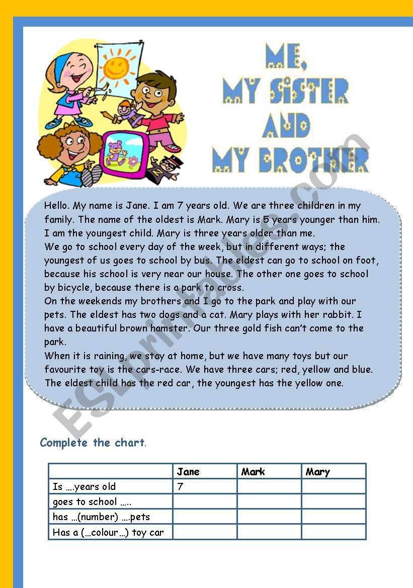 Me,my sister and my brother worksheet