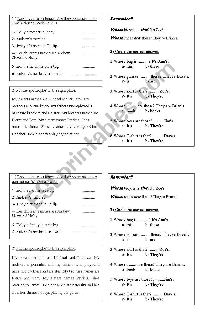 possessive Â´s- whose worksheet