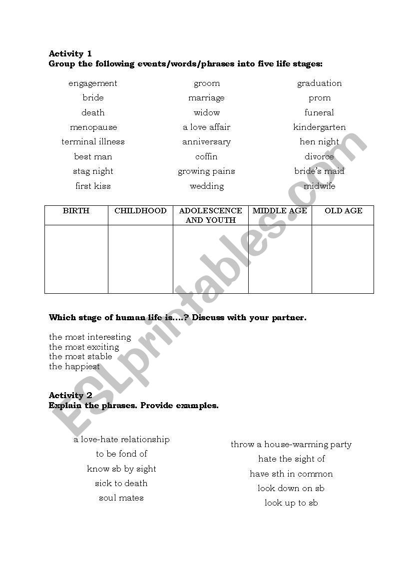 Life stages - speaking worksheet