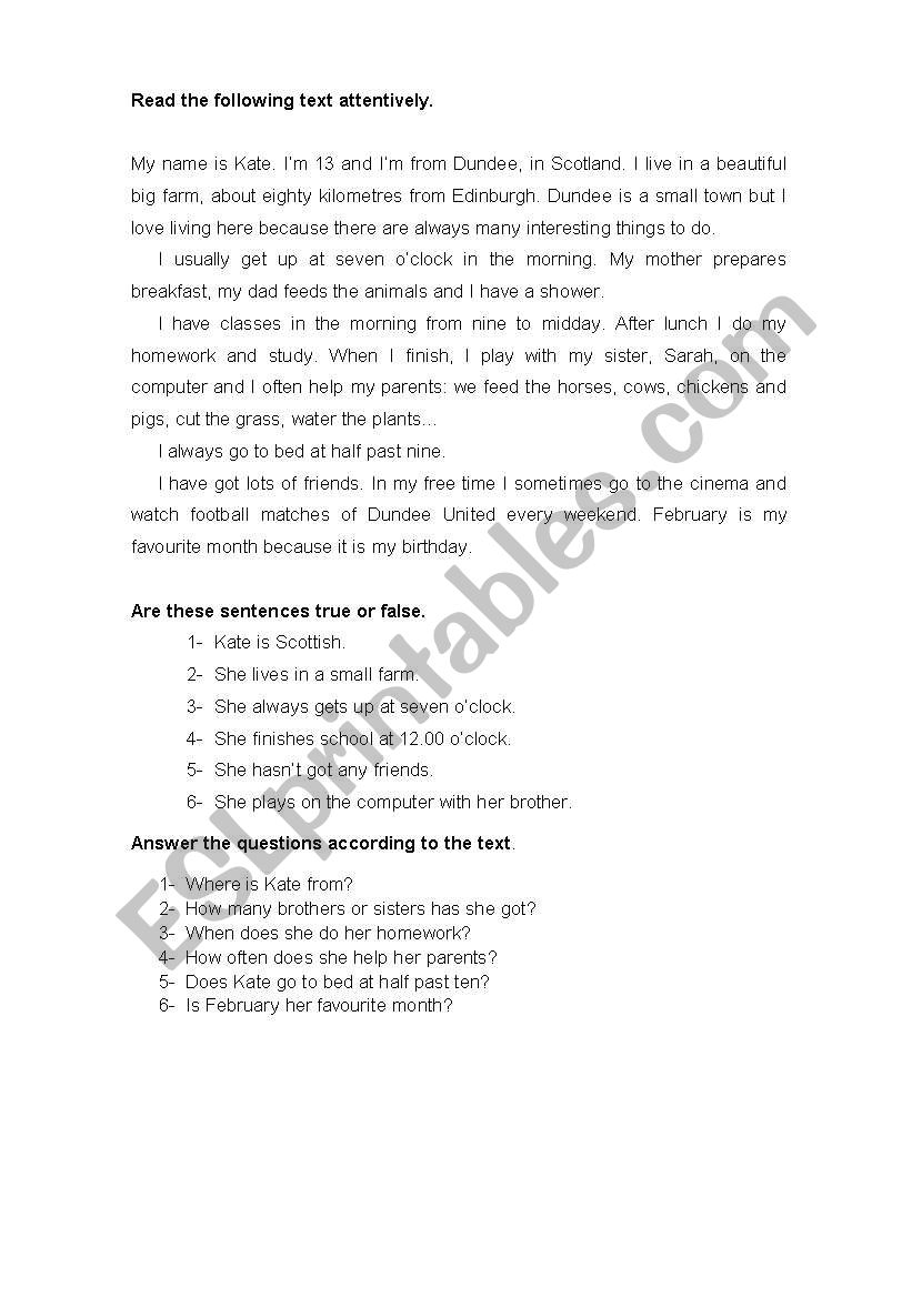 reading comprehension about a girlÂ´s life