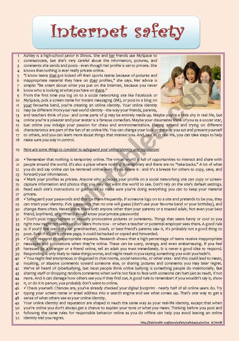 text - Internet Safety (Tips for preserving oneÂ´s Identity and Reputation) + Comprehension + Essay