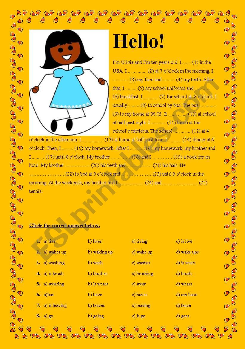 Present Simple Tense - Cloze Test - OliviaÂ´s Daily Routines + KEY