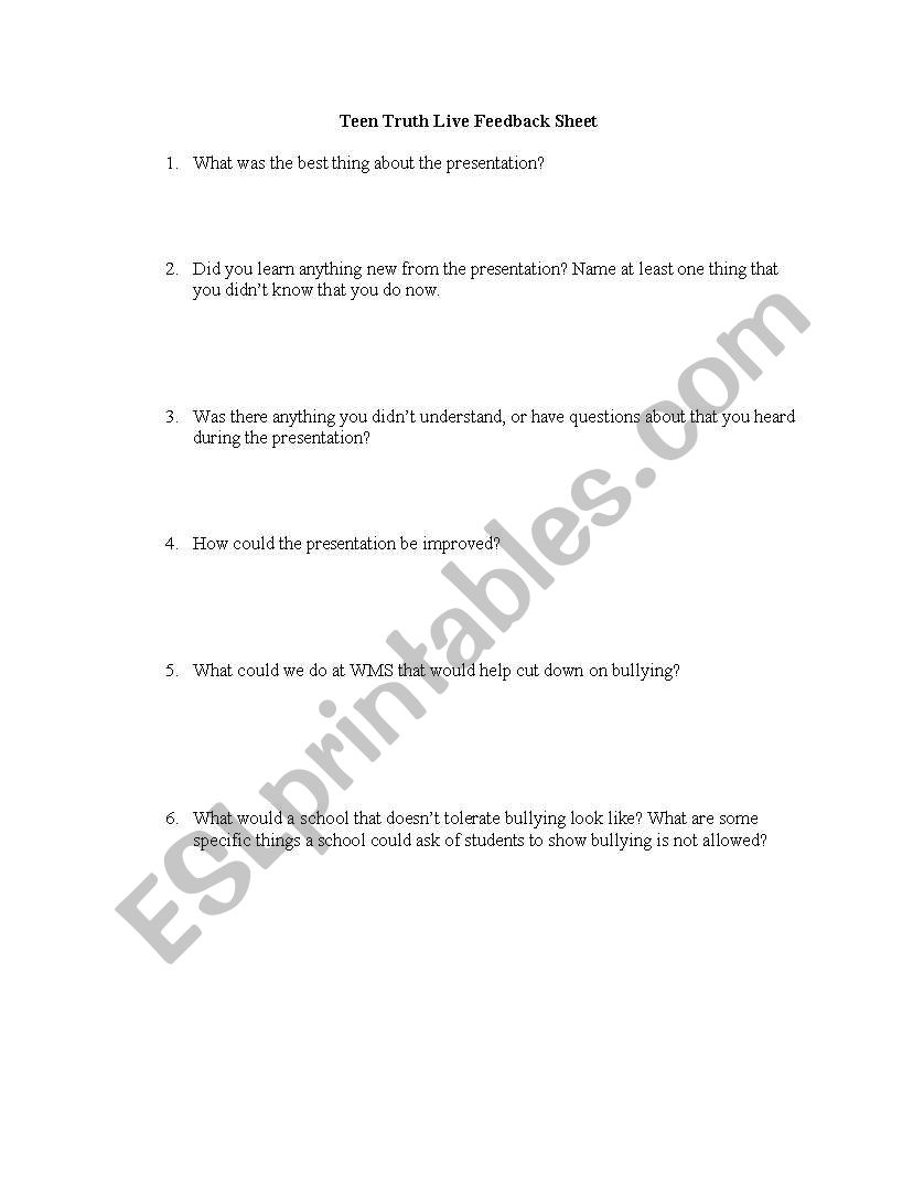 Teen Truth Live Feedback Form worksheet