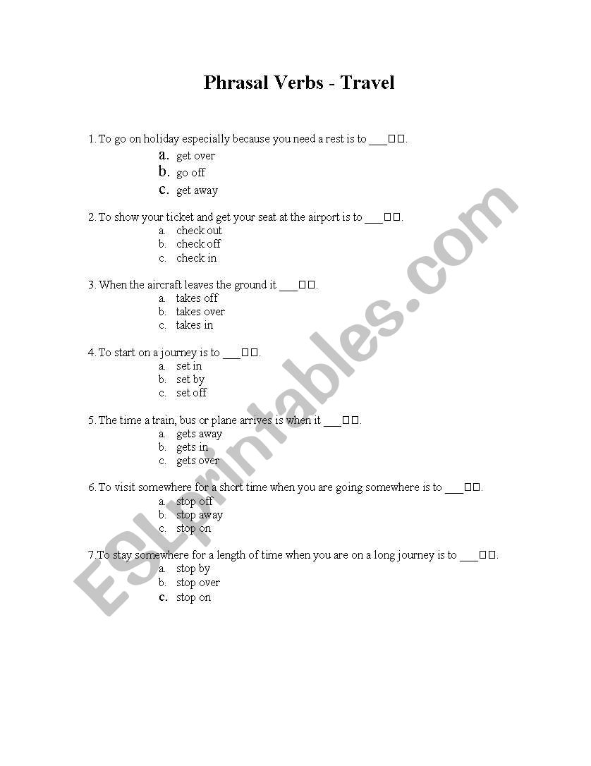 Travel Phrasal verbs multiple choice