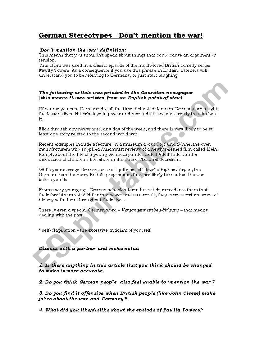 Dont mention the war! worksheet