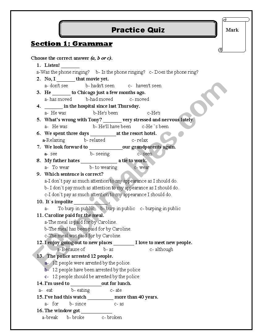 practise quiz worksheet