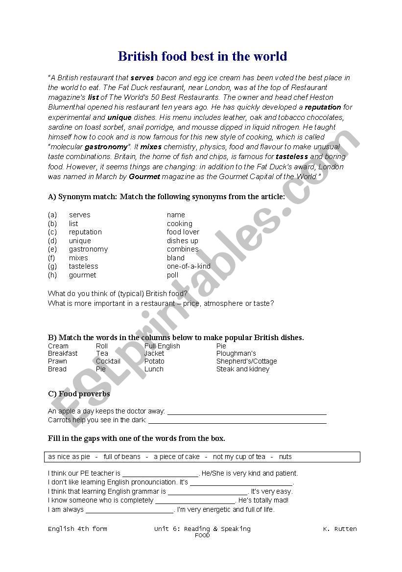 British food - worksheet worksheet