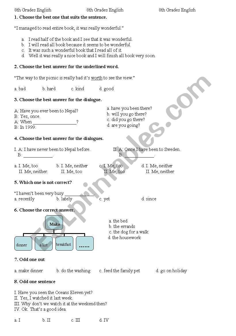 Test for 8th Grades worksheet