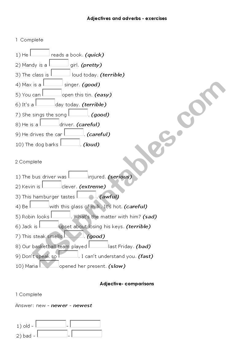 Adjectives and adverbs worksheet