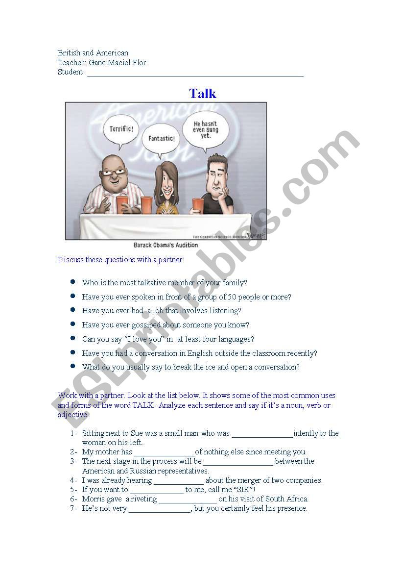 Talk ( Speaking Class ) worksheet