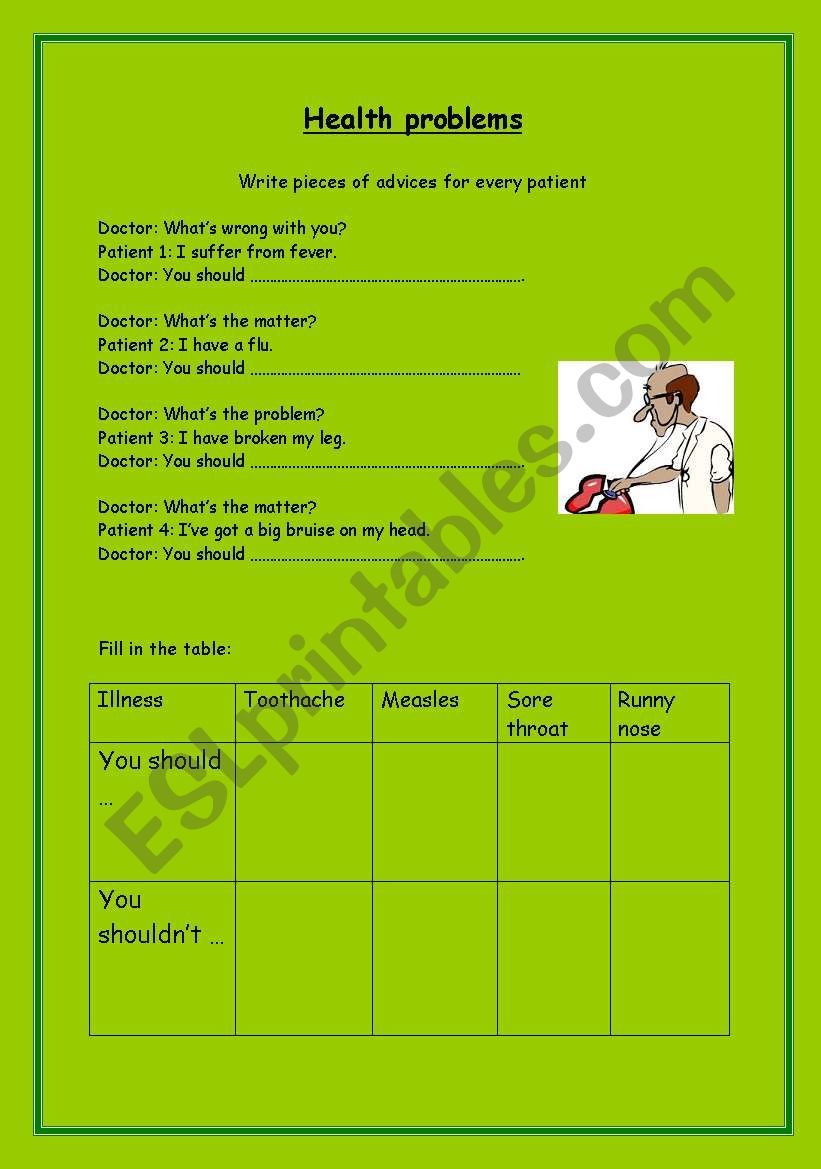 Health problems worksheet