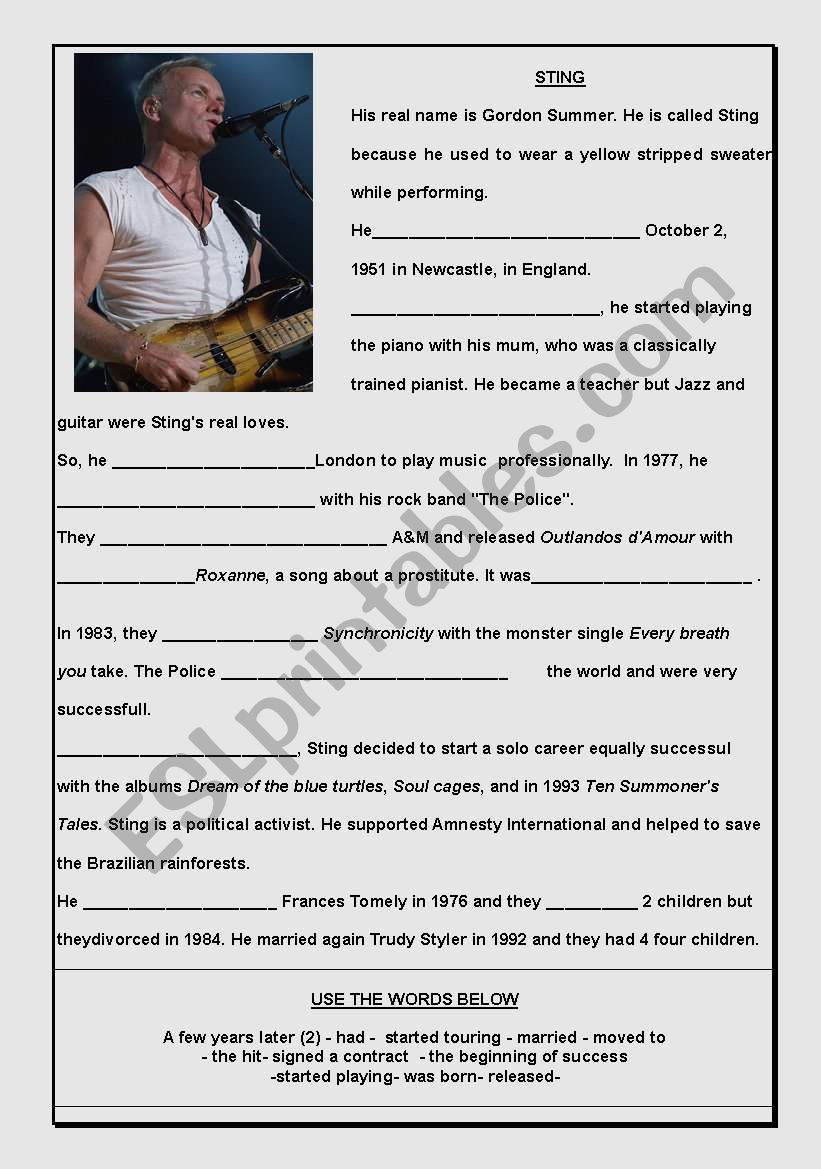 STING BIOGRAPHY worksheet