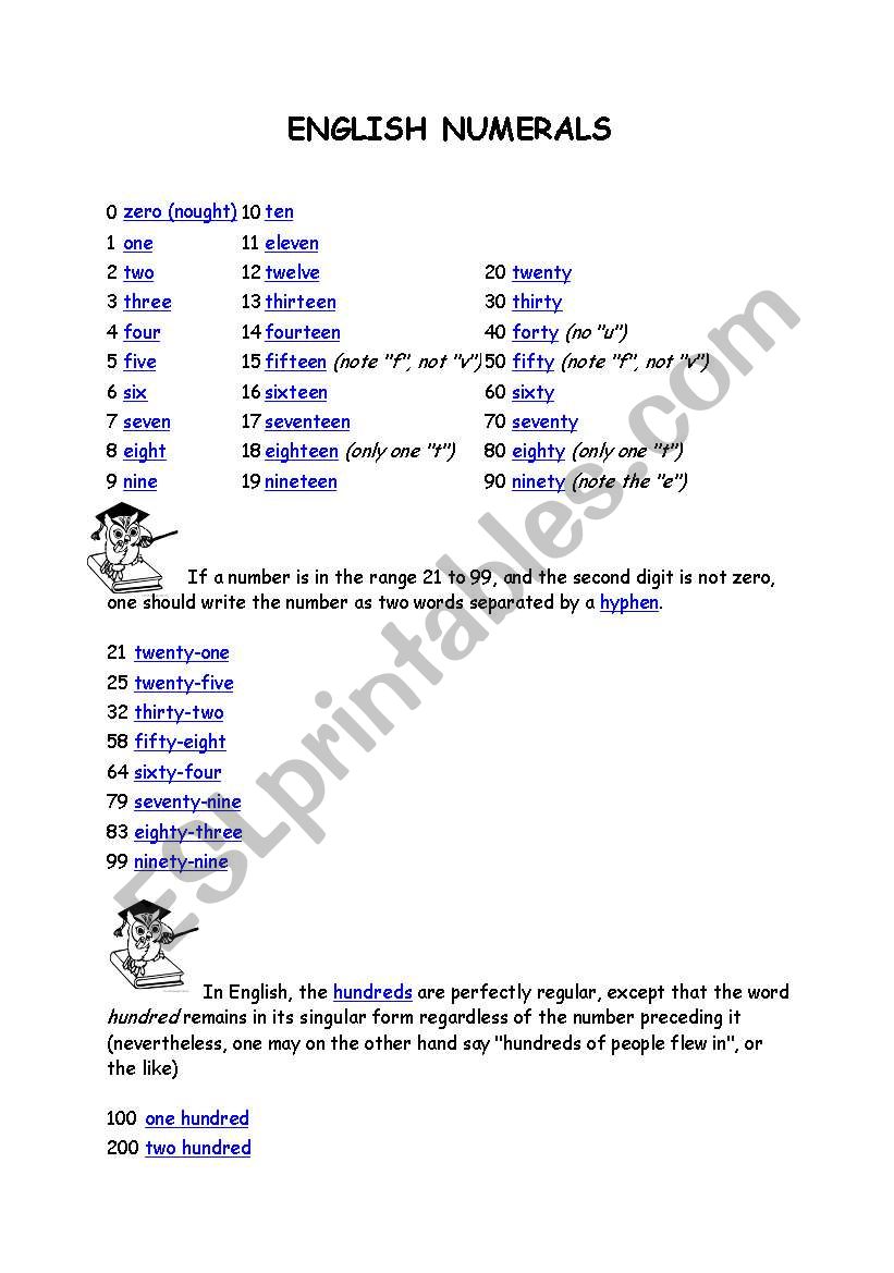 english numbers worksheet