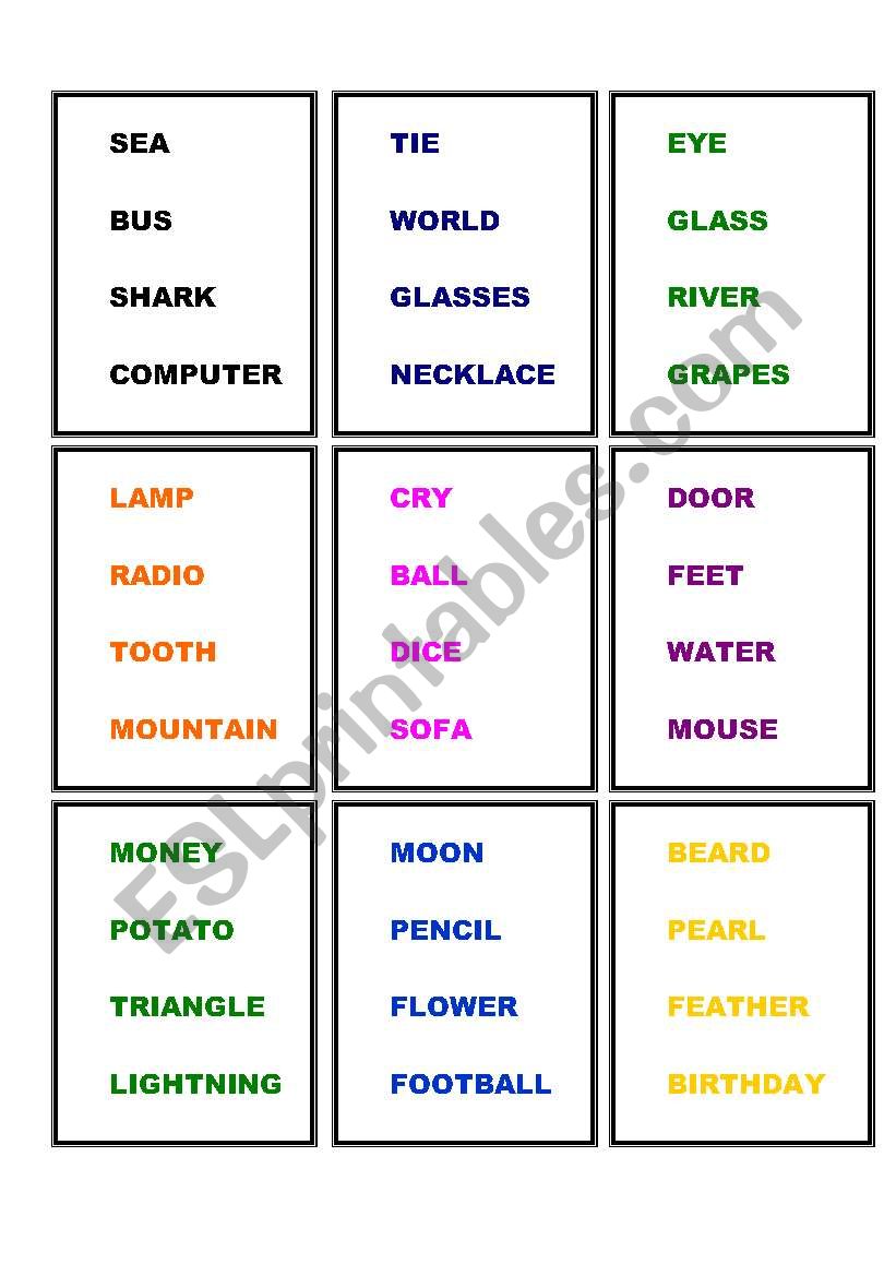 Pictionary cards worksheet