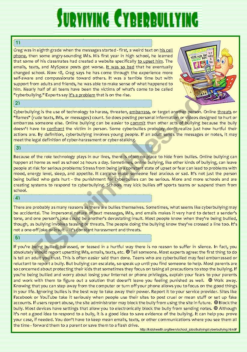 reading - Surviving Cyberbullying  (a true story & tips) + Comprehension + Essay + KEY