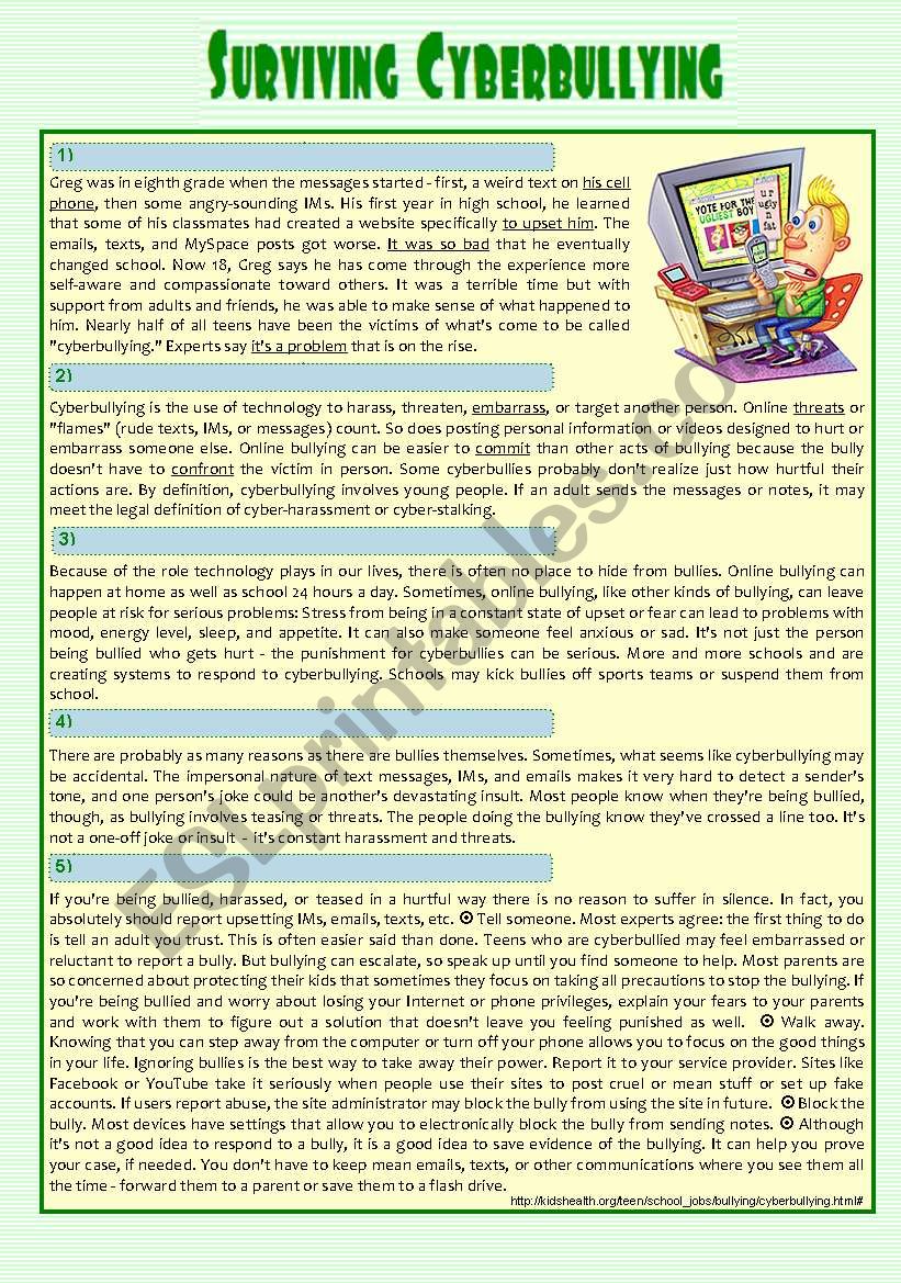 reading - Â´Surviving Cyberbullying  (a true story & tips) + Comprehension + Essay + KEY