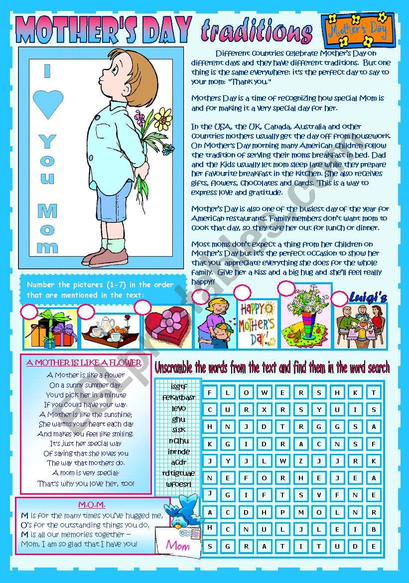MOTHERÂ´S DAY (TRADITIONS) + WORD SEARCH+ 2 POEMS