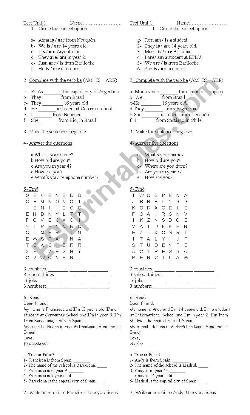 Whats Up Starter unit 1 test worksheet